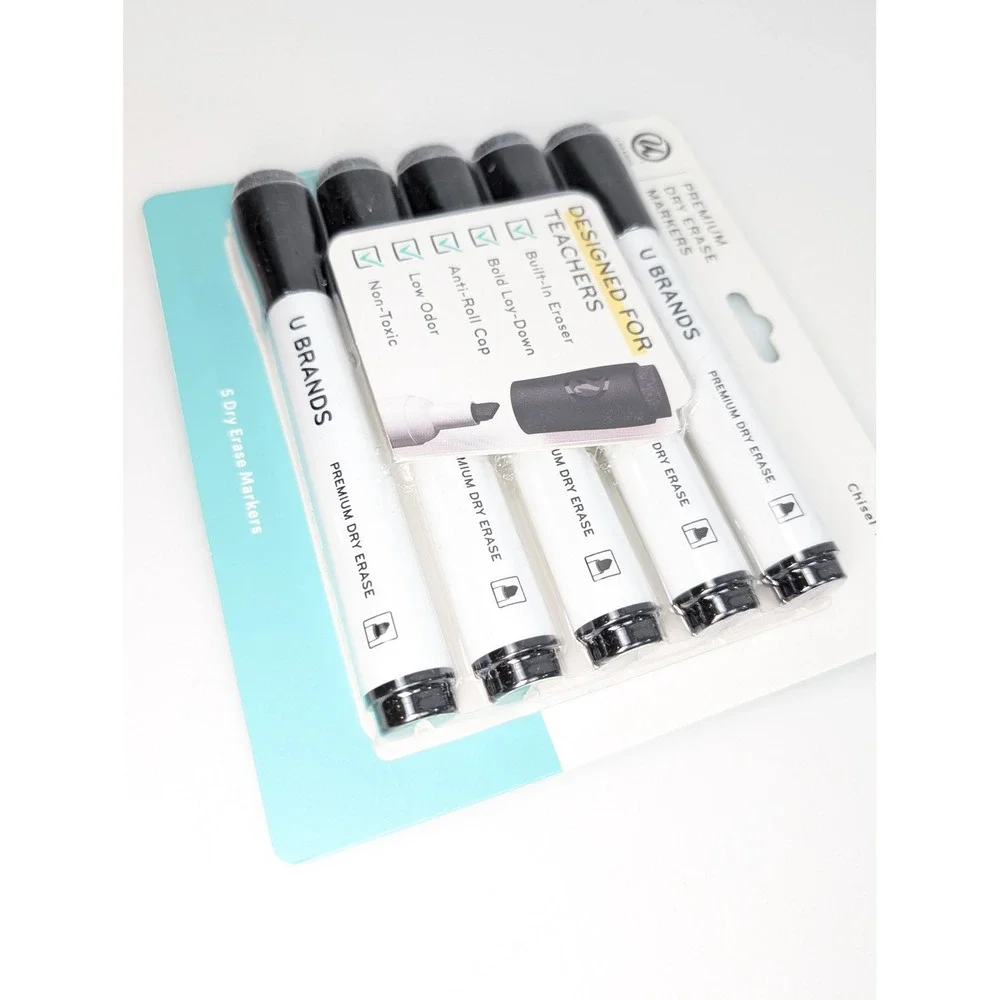 Set of 5 U Brands Chisel Tip Dry Erase Markers Whiteboard Low Odor Black Eraser